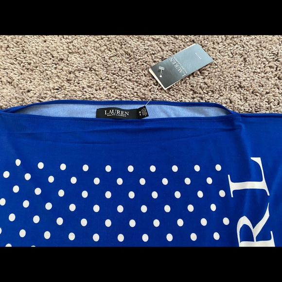 Lauren Ralph Lauren Polka Dot Logo Jersey Top Sapphire Star White Petite Medium - Picture 2 of 3